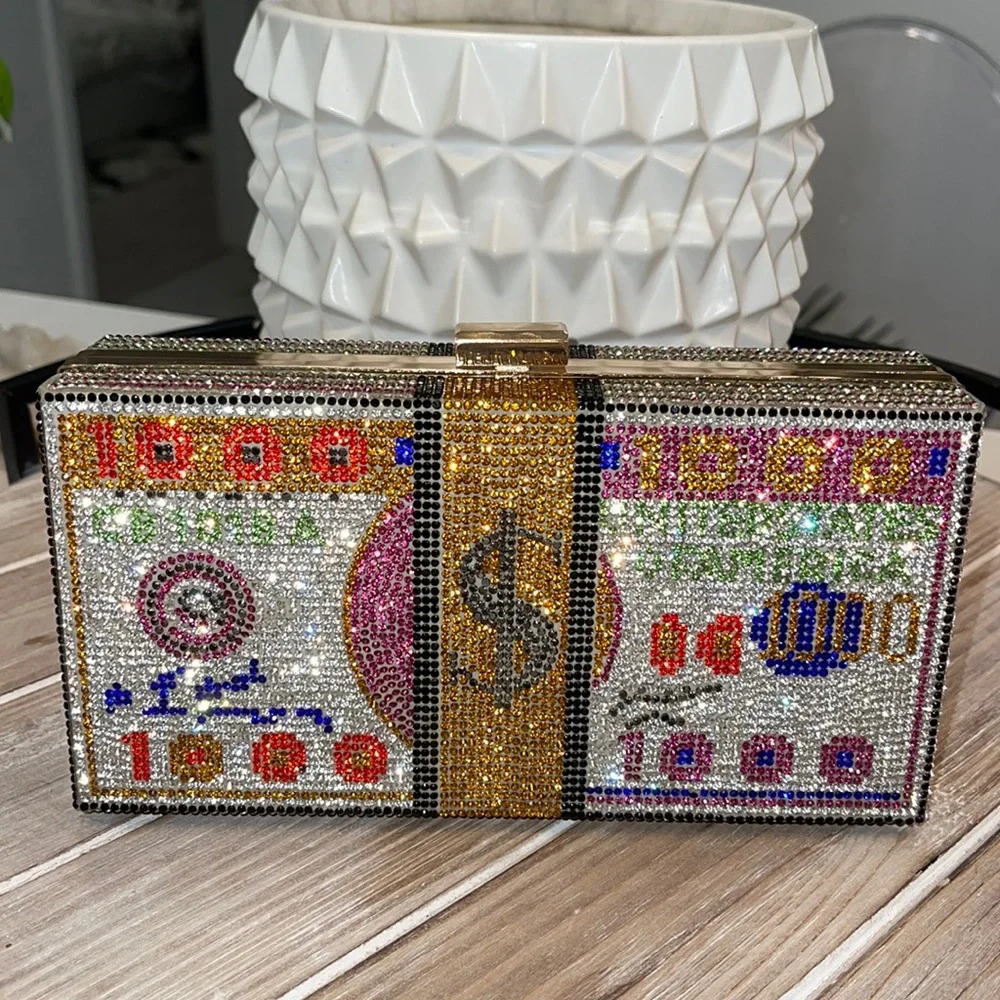 NWT Rich Girl Rhinestone Money Studded Box Clutch
